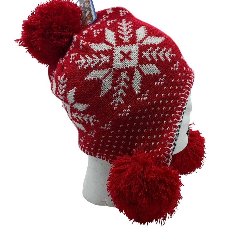 Peruvian Simplicity Winter Red White Snowflake Knit Pom Pom Earflap Beanie Hat